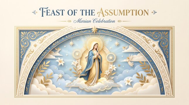 Assumption of mary religious celebration graphic with floral elements and paper cut art style imagery.
