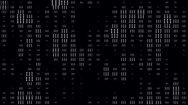 Blinking random dots forming of varying density animation on black background. Halftone dots and grid growing seamless loop. Digital dots moving loop with big data visualization cartoon comic.