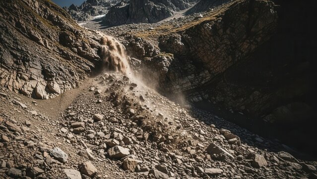 Mountainous Rockslide Flowing Down a Steep Rocky Slope