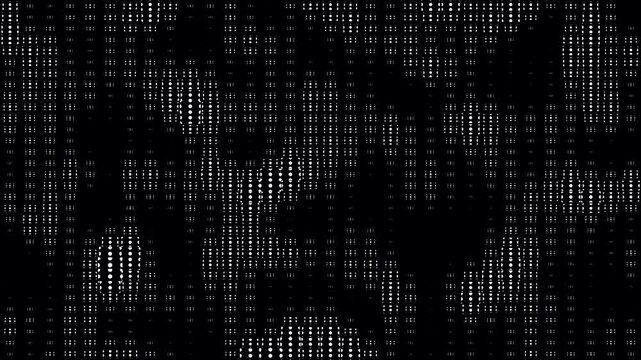 Blinking random dots forming of varying density animation on black background. Halftone dots and grid growing seamless loop. Digital dots moving loop with big data visualization cartoon comic.