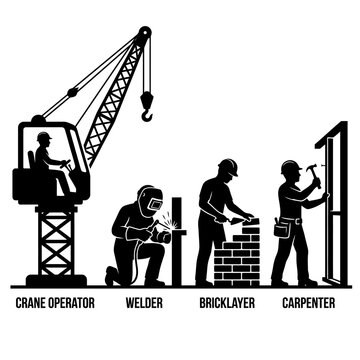 Construction workers silhouettes crane operator welder bricklayer carpenter