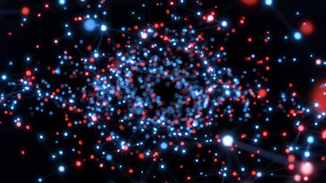 Abstract background of floating red and blue glowing particles connected by lines in a dark digital space