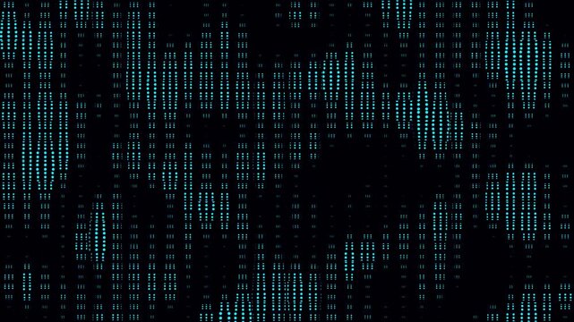 Blinking random dots forming of varying density animation on black background. Halftone dots and grid growing seamless loop. Digital dots moving loop with big data visualization cartoon comic.