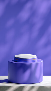 A luxurious podium on Iris with Gold stripe placed on a vertical rounded board over cement base texture with Iris background. Nature gobos light