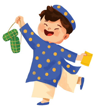 Illustration of a boy wearing an ao dai (traditional Vietnamese dress) holding a banh tet (Vietnamese rice cake) and an envelope.