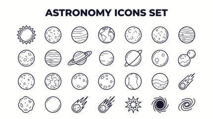 Minimalist astronomy line icons representing planets stars and space elements © matahari