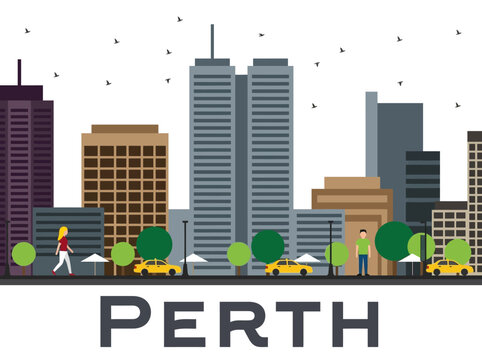 Flat Design Perth Skyline Illustration with Urban Street Life and Taxis