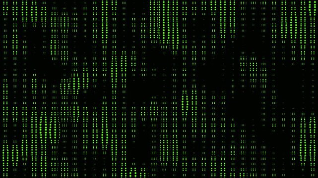 Blinking random dots forming of varying density animation on black background. Halftone dots and grid growing seamless loop. Digital dots moving loop with big data visualization cartoon comic.