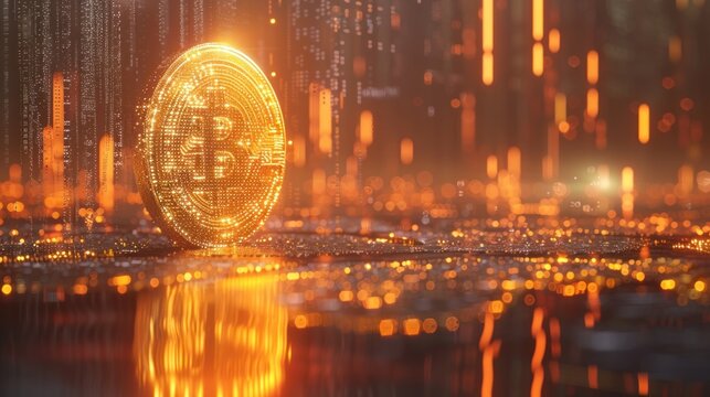 A glowing Bitcoin coin stands in a futuristic cityscape with a glowing background.