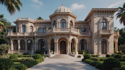Fototapeta premium Ornate classical mansion artwork design, grand symmetrical architecture with dome columns balconies and gardens, luxurious estate composition, decorative digital illustration, artistic vector backgrou