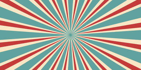 Circus or carnival rays background layout with vector grunge texture. Retro spiral pattern with red, white and blue radial stripes of vintage circus, carnival, fair or chapiteau big top tent © Hosinah