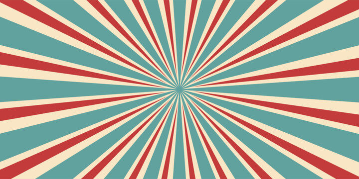 Circus or carnival rays background layout with vector grunge texture. Retro spiral pattern with red, white and blue radial stripes of vintage circus, carnival, fair or chapiteau big top tent