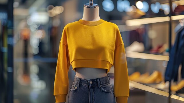Yellow cropped sweatshirt displayed on a mannequin in a clothing store.