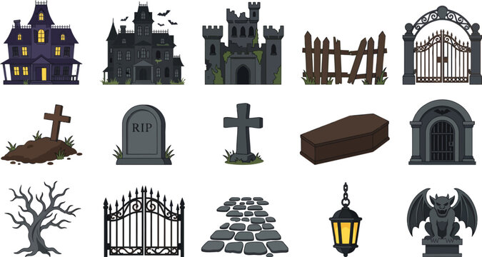 Collection of spooky halloween vector graphic elements featuring haunted houses castles graves fences gates trees and lanterns for holiday designs