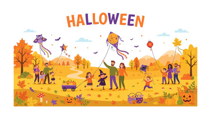 Fototapeta premium Halloween Festival Celebration: A vibrant illustration depicts a joyful Halloween festival with families flying kites amidst autumn foliage, pumpkins, and a spirit of community.