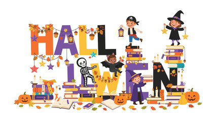 Fototapeta premium Happy Halloween Typography: A festive and playful typographic display spells out HALLOWEEN with whimsical characters and elements, including children in costumes, pumpkins, and autumn leaves.