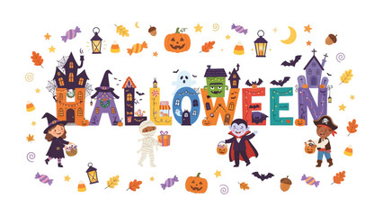 Fototapeta premium Spooky Halloween Alphabet: A whimsical alphabet spelling out Halloween features playful characters, haunted houses, and festive decorations, perfect for seasonal celebrations.