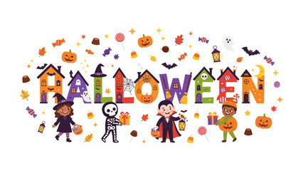 Fototapeta premium Halloween Word Art: Whimsical houses spell out Halloween amidst playful spooky elements like ghosts, bats, pumpkins, and candy, with costumed children gathering treats.