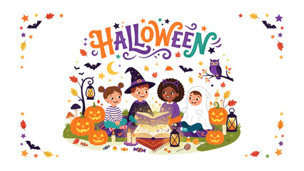 Naklejka premium Spooky Tales: A group of diverse children dressed in Halloween costumes gather around an open book, sharing stories under a whimsical night sky filled with bats, crescent moon.