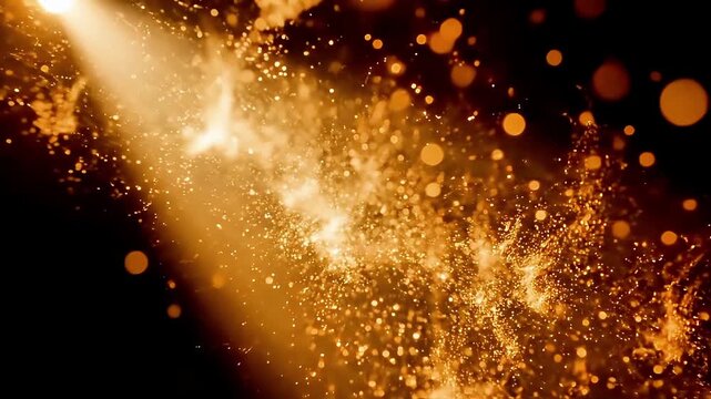 Golden sparks flow through bright light, magic energy particles dance on dark background, shimmering golden sparks create festive mood in cinematic beam. Atmosphere of celebration and magic