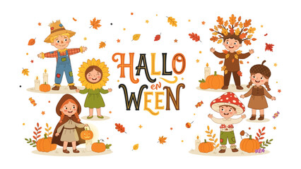 Naklejka premium Spooky Celebration: A delightful gathering of children dressed in whimsical Halloween costumes, surrounded by pumpkins, autumn leaves, and flickering candles.