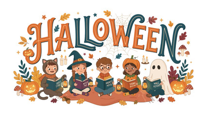 Naklejka premium Happy Halloween Celebration: Adorable children dressed in delightful Halloween costumes - a cat, witch, pumpkin, and ghost - sit together reading books by lantern light.