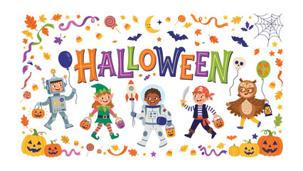 Fototapeta premium Halloween Celebration: A vibrant and whimsical illustration depicts children in various costumes – a robot, an elf, an astronaut, a pirate, and an owl – celebrating Halloween with pumpkins, bats.