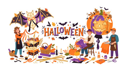 Fototapeta premium Halloween Craft Workshop: A delightful illustration depicting a lively Halloween craft workshop where individuals are busy creating spooky decorations like pumpkins, bats, and garlands.