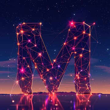 Glowing letter M formed from connected lines and dots against a starry night sky with reflection.