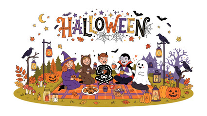Halloween Picnic Fun: A whimsical illustration of children dressed in adorable Halloween costumes enjoying a festive picnic in an autumnal park, surrounded by pumpkins, lanterns, and playful spooks. © Hossain