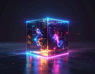 Fototapeta premium Neon glowing cube with colorful lights.
