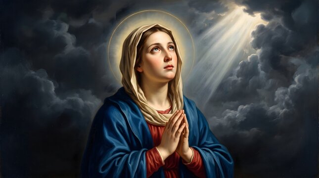 Religious painting of virgin mary praying with light rays from heaven illuminating her face.