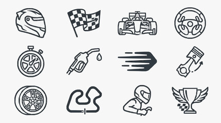 Obraz premium Professional Black and White Line Icons Set Featuring Racing and Engine Elements for Sports Automotive and Competition Designs