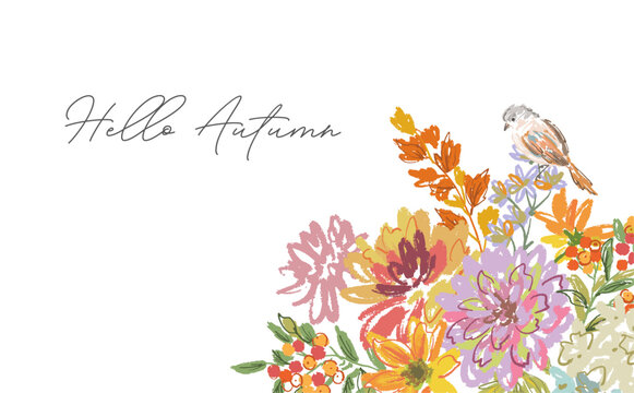 Crayon doodle autumn botanical background with hand painted dahlia, Autumn leaves, wild flowers and bird for fabric, home decor and surface design. Vector file.
