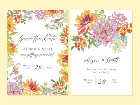 Autumn botanical wedding invitation card with Crayon doodle dahlia, Autumn leaves and wild flowers for fabric, home decor and surface design. Vector file.

