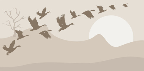 Flock of Birds Flying in V-Formation Against Desert Landscape and Rising Sun Vector Illustration © su