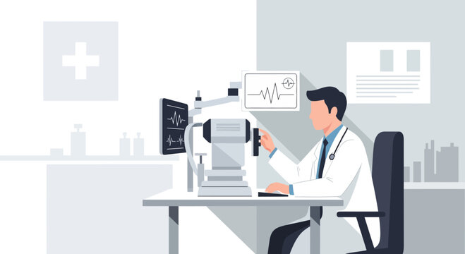 Ophthalmologist examining patient's eye with advanced equipment in modern clinic