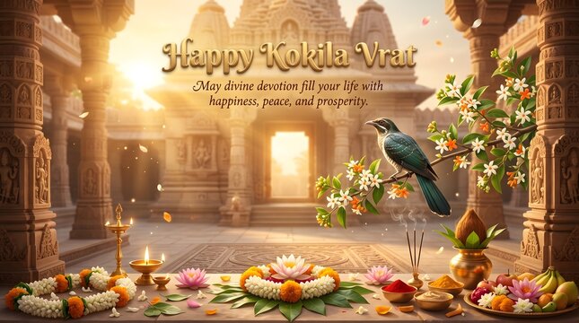 Festive kokila vrat celebration with traditional temple elements with displays serene temple setting offerings