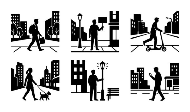 Urban Cityscape Silhouettes: Pedestrians, Scooters, and Dog Walker Vector Icons for Modern Lifestyle and City Life Concepts