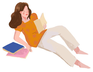 Illustration of a girl lying down reading a book.