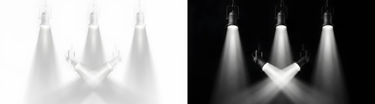 Triple spotlight beam effect with converging light cones spotlight brightness triangular