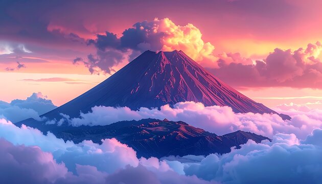 Majestic mountain peak above clouds at sunrise.