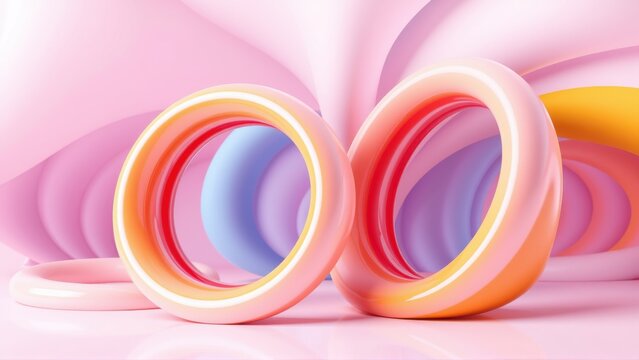 Abstract rings form infinity symbol. Soft pastel colors blend, creating smooth visual experience. Minimalist design, glossy finish.