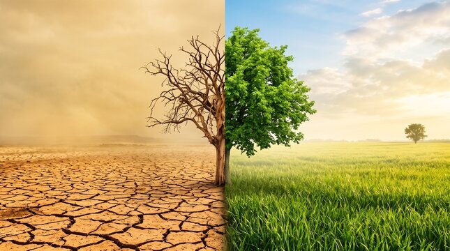 Comparison of dry barren earth and green fertile land representing contrast between global warming damage and healthy nature environment