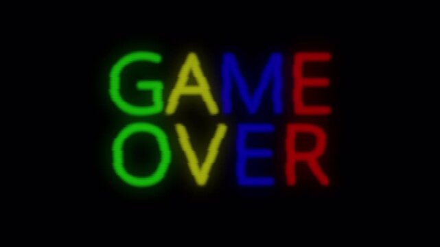 Game over text sign animation with glitch effect on transparent background, colorful VHS game over text with alpha channel.