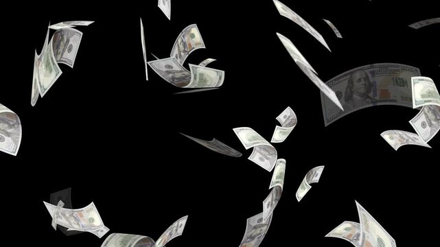 Money falling dollar banknotes on a transparent background. US dollar banknotes flying in super slow motion against black background.
Seamless US Dollars falling animation. dollars bills falling down.