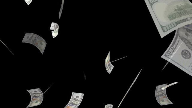 Money falling dollar banknotes on a transparent background. US dollar banknotes flying in super slow motion against black background.
Seamless US Dollars falling animation. dollars bills falling down.