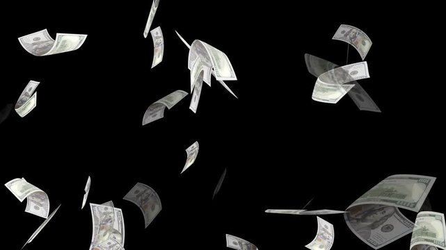Money falling dollar banknotes on a transparent background. US dollar banknotes flying in super slow motion against black background.
Seamless US Dollars falling animation. dollars bills falling down.