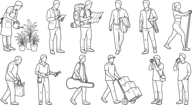 Set of diverse people line art vectors showing different professions hobbies and daily life activities.