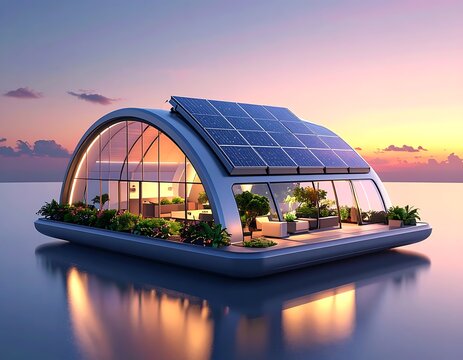 Sustainable floating eco home with solar panels.